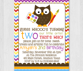 Printable 5x7 Owl Little Artist Birthday Invitation